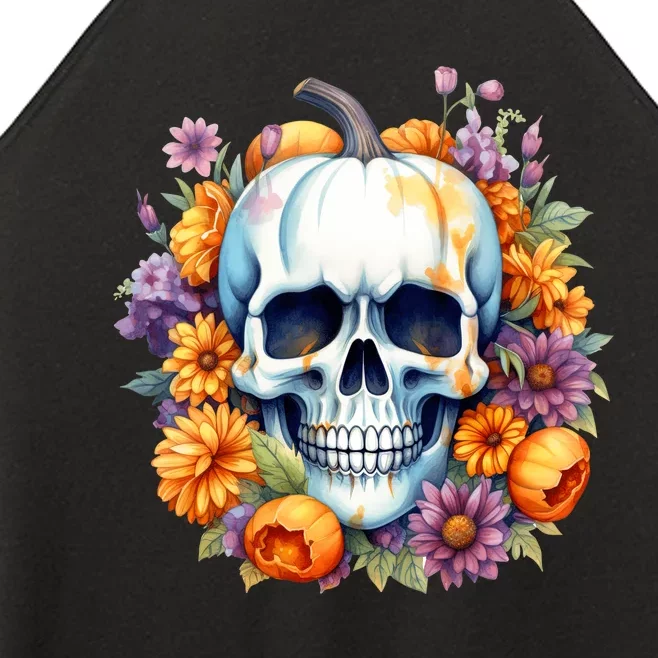 Kawaii Halloween Skull With Pumpkin And Flowers Women’s Perfect Tri Rocker Tank