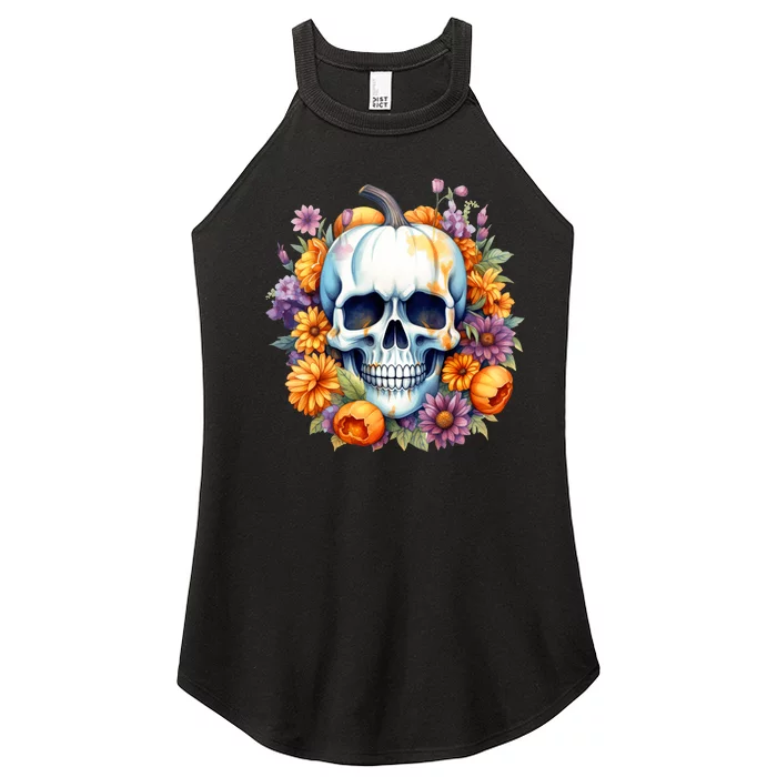 Kawaii Halloween Skull With Pumpkin And Flowers Women’s Perfect Tri Rocker Tank