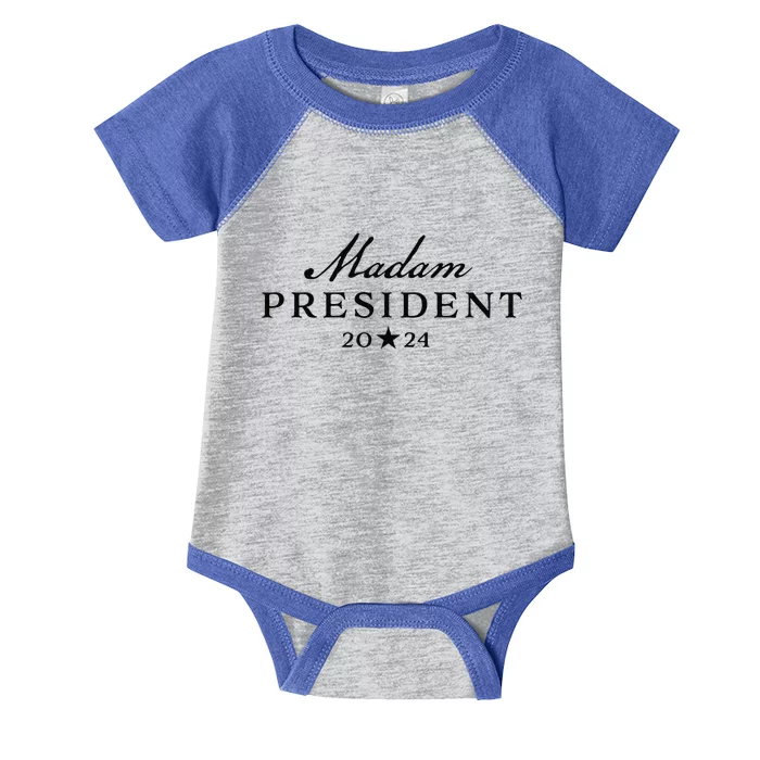 Kamala Harris Simple Script Feminine Madam President 2024 Infant Baby Jersey Bodysuit