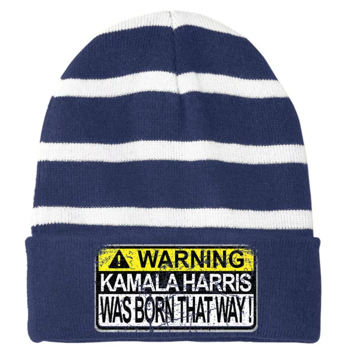 Kamala Harris Speaks Word Salad Fluently Trump 2024 Funny Premium Striped Beanie with Solid Band