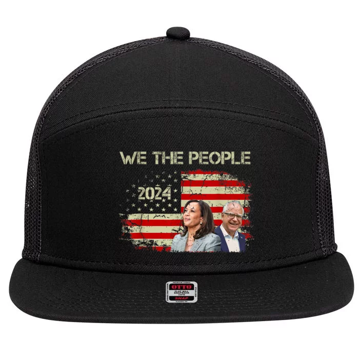 Kamala Harris Tim Waltz 2024 We The People American Flag 7 Panel Mesh Trucker Snapback Hat