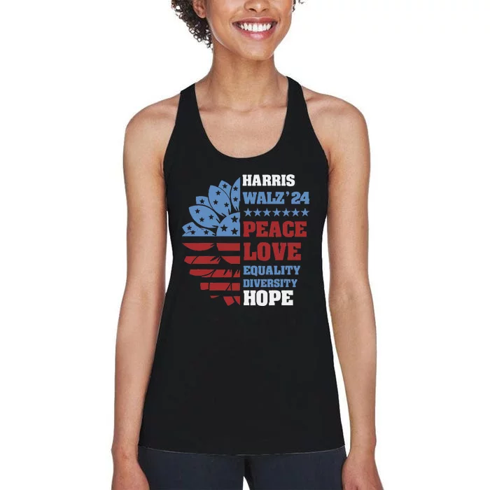 Kamala Harris Tim Walz 2024 Peace Lgbt Harris Walz Waltz Women's Racerback Tank