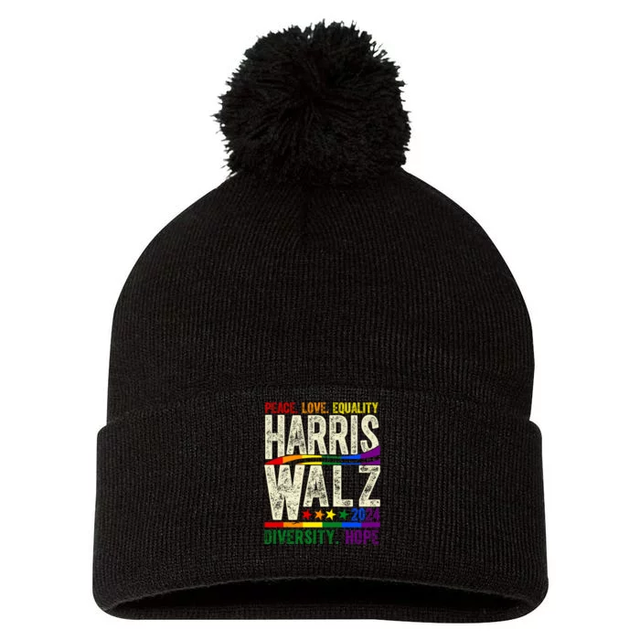 Kamala Harris Tim Walz 2024 Peace Love Lgbtq Vintage Pom Pom 12in Knit Beanie