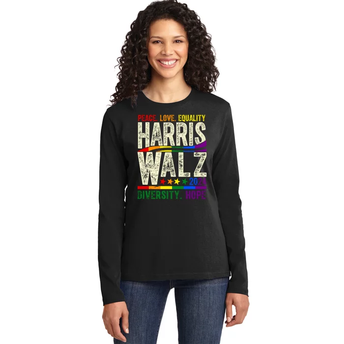 Kamala Harris Tim Walz 2024 Peace Love Lgbtq Vintage Ladies Long Sleeve Shirt