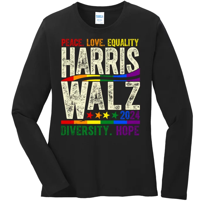 Kamala Harris Tim Walz 2024 Peace Love Lgbtq Vintage Ladies Long Sleeve Shirt