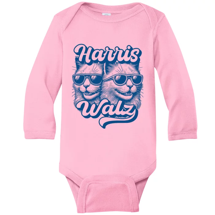 Kamala Harris Tim Walz Waltz 2024 Funny Retro Cat Baby Long Sleeve Bodysuit