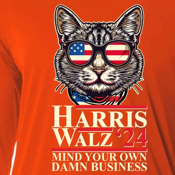 Kamala Harris Tim Walz 2024 Mind Your Own Damn Business Patriotic Cat Cooling Performance Long Sleeve Crew