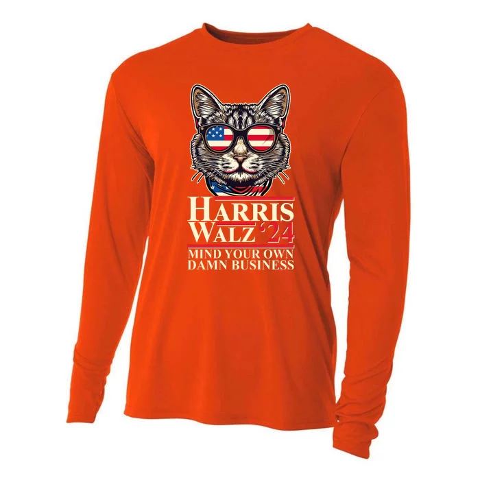 Kamala Harris Tim Walz 2024 Mind Your Own Damn Business Patriotic Cat Cooling Performance Long Sleeve Crew