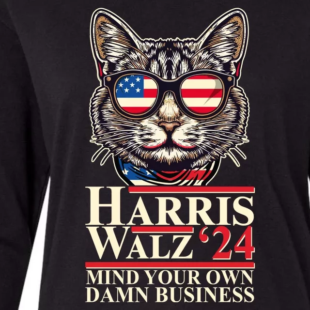 Kamala Harris Tim Walz 2024 Mind Your Own Damn Business Patriotic Cat Womens Cotton Relaxed Long Sleeve T-Shirt