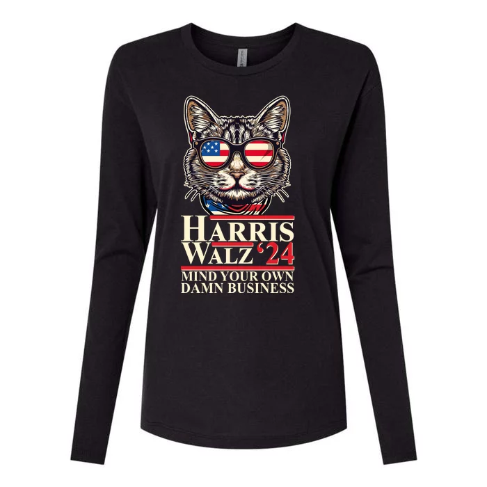 Kamala Harris Tim Walz 2024 Mind Your Own Damn Business Patriotic Cat Womens Cotton Relaxed Long Sleeve T-Shirt