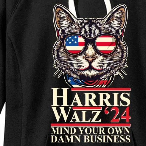 Kamala Harris Tim Walz 2024 Mind Your Own Damn Business Patriotic Cat Women's Fleece Hoodie