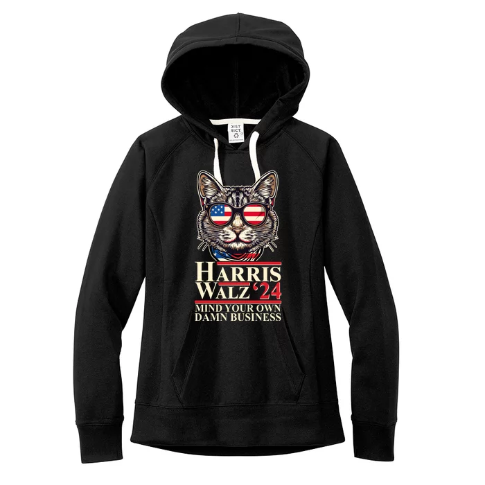 Kamala Harris Tim Walz 2024 Mind Your Own Damn Business Patriotic Cat Women's Fleece Hoodie