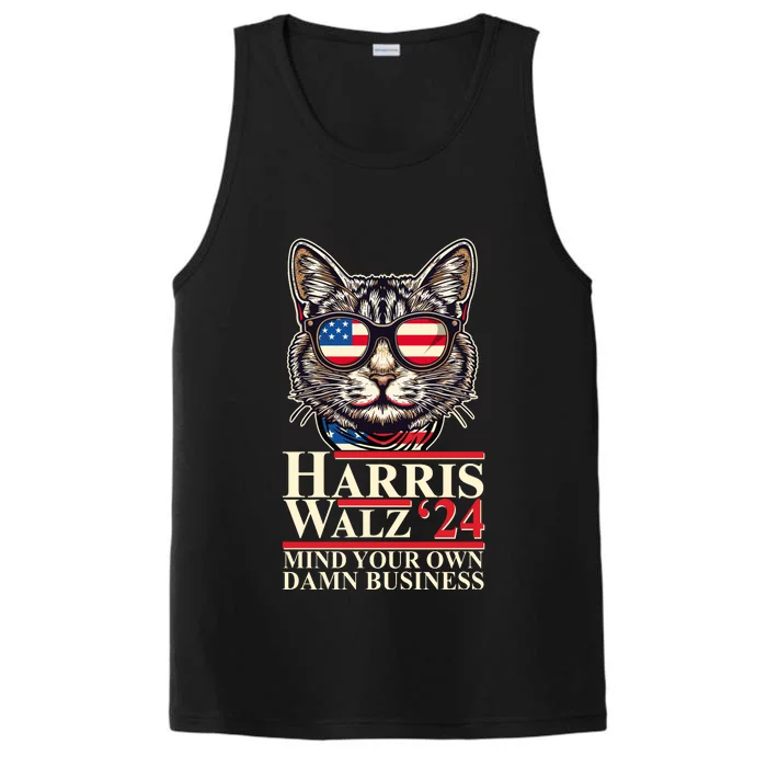 Kamala Harris Tim Walz 2024 Mind Your Own Damn Business Patriotic Cat Performance Tank