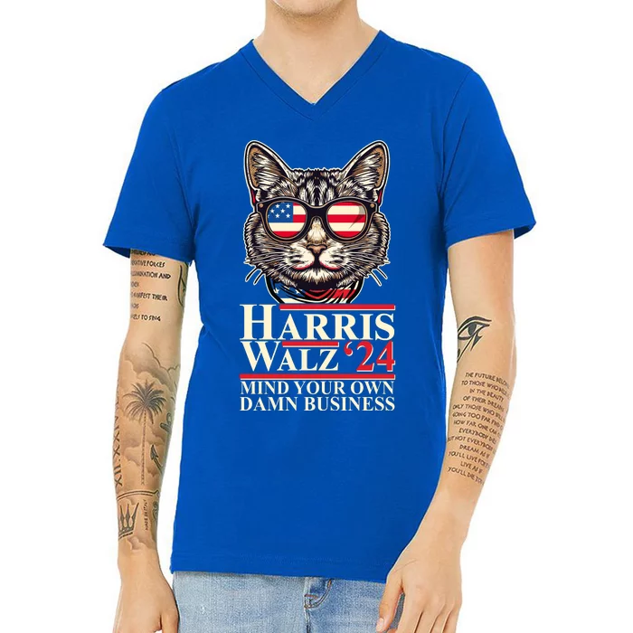 Kamala Harris Tim Walz 2024 Mind Your Own Damn Business Patriotic Cat V-Neck T-Shirt