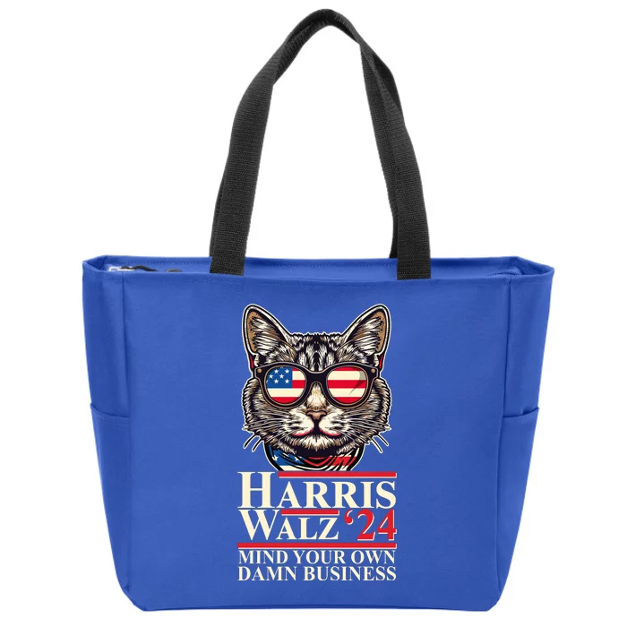 Kamala Harris Tim Walz 2024 Mind Your Own Damn Business Patriotic Cat Zip Tote Bag