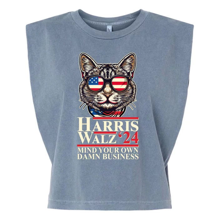 Kamala Harris Tim Walz 2024 Mind Your Own Damn Business Patriotic Cat Garment-Dyed Women's Muscle Tee