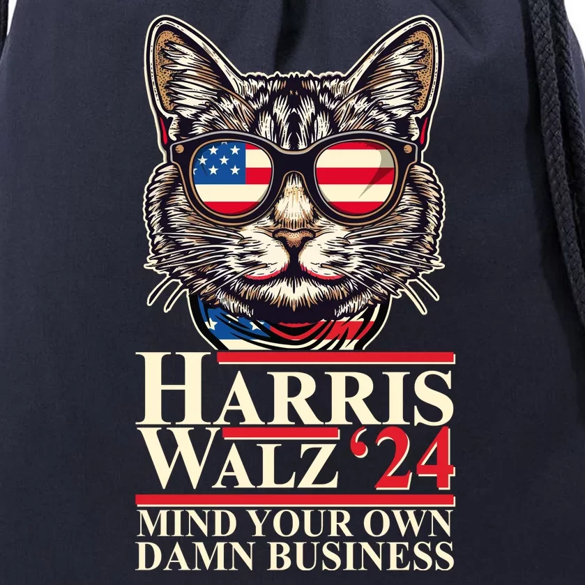 Kamala Harris Tim Walz 2024 Mind Your Own Damn Business Patriotic Cat Drawstring Bag