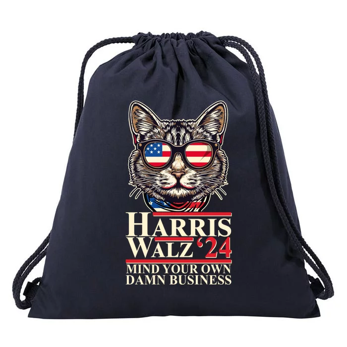 Kamala Harris Tim Walz 2024 Mind Your Own Damn Business Patriotic Cat Drawstring Bag