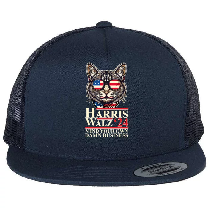 Kamala Harris Tim Walz 2024 Mind Your Own Damn Business Patriotic Cat Flat Bill Trucker Hat