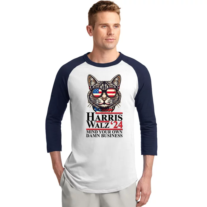 Kamala Harris Tim Walz 2024 Mind Your Own Damn Business Patriotic Cat Baseball Sleeve Shirt