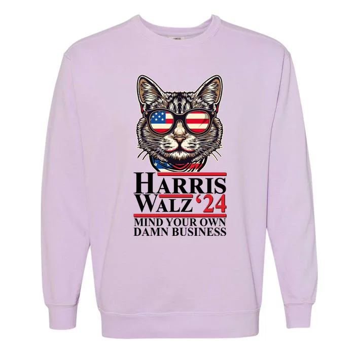 Kamala Harris Tim Walz 2024 Mind Your Own Damn Business Patriotic Cat Garment-Dyed Sweatshirt