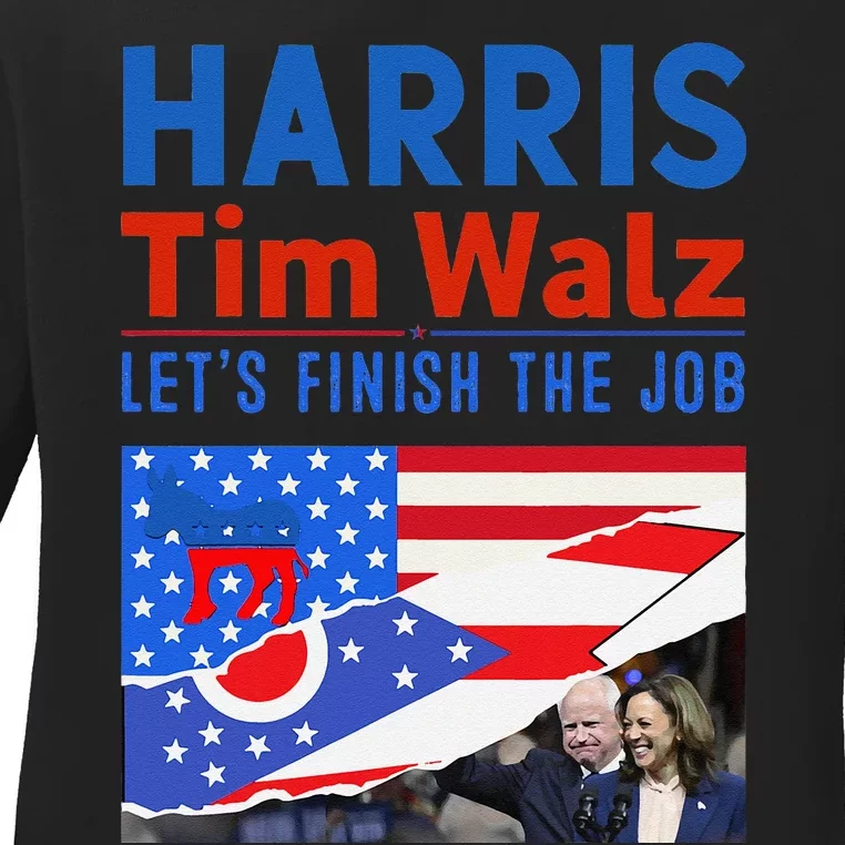 Kamala Harris Tim Walz 2024 Us States Flag Ohio Ladies Long Sleeve Shirt