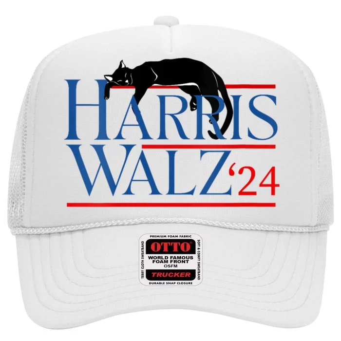 Kamala Harris Tim Walz Funny Cute Cat Election Graphic High Crown Mesh Trucker Hat