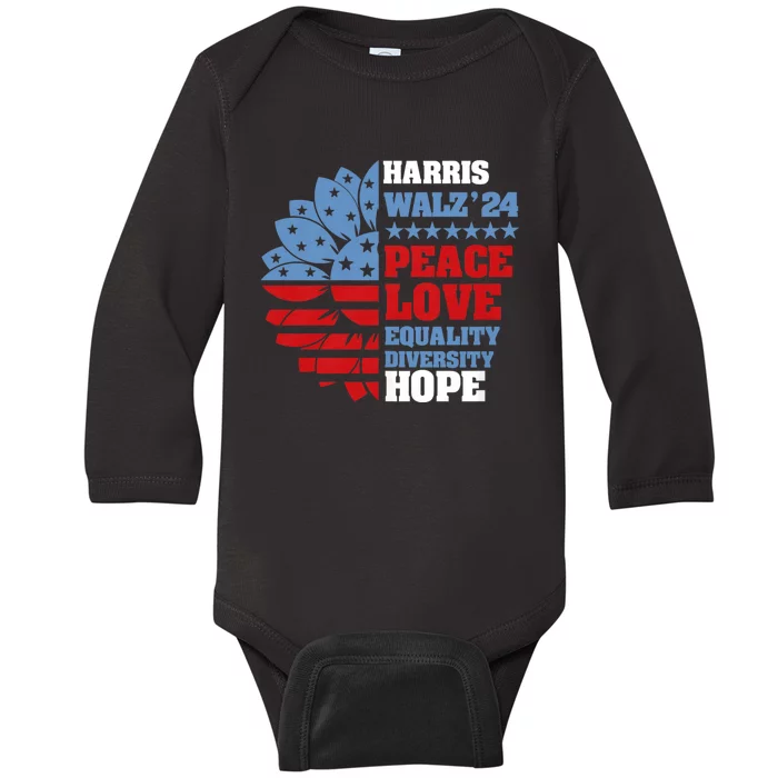 Kamala Harris Tim Walz 2024 Peace Lgbt Harris Walz Waltz Baby Long Sleeve Bodysuit