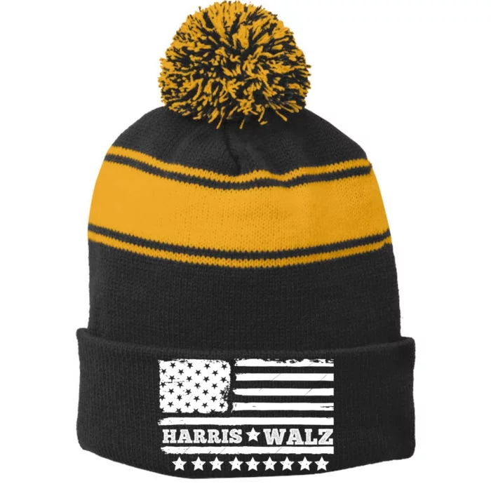 Kamala Harris Tim Walz Waltz Flag Stripe Pom Pom Beanie