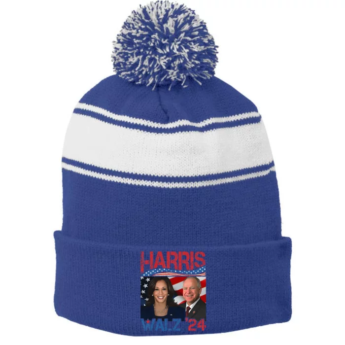 Kamala Harris Tim Walz Waltz Stripe Pom Pom Beanie