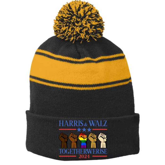 Kamala Harris Tim Walz Together We Rise Lgbt Fist Stripe Pom Pom Beanie