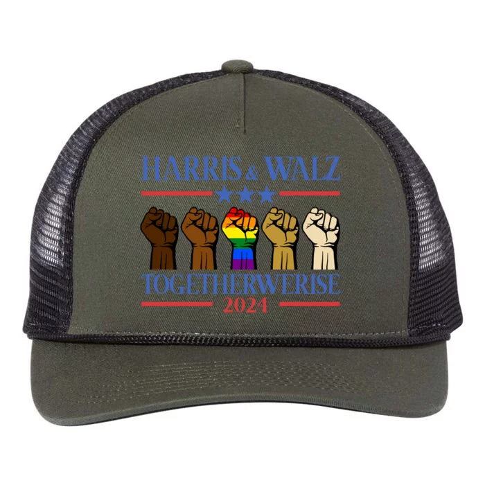 Kamala Harris Tim Walz Together We Rise Lgbt Fist Retro Rope Trucker Hat Cap