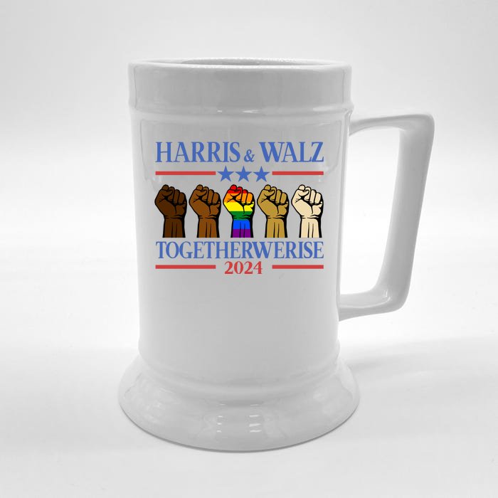 Kamala Harris Tim Walz Together We Rise Lgbt Fist Front & Back Beer Stein