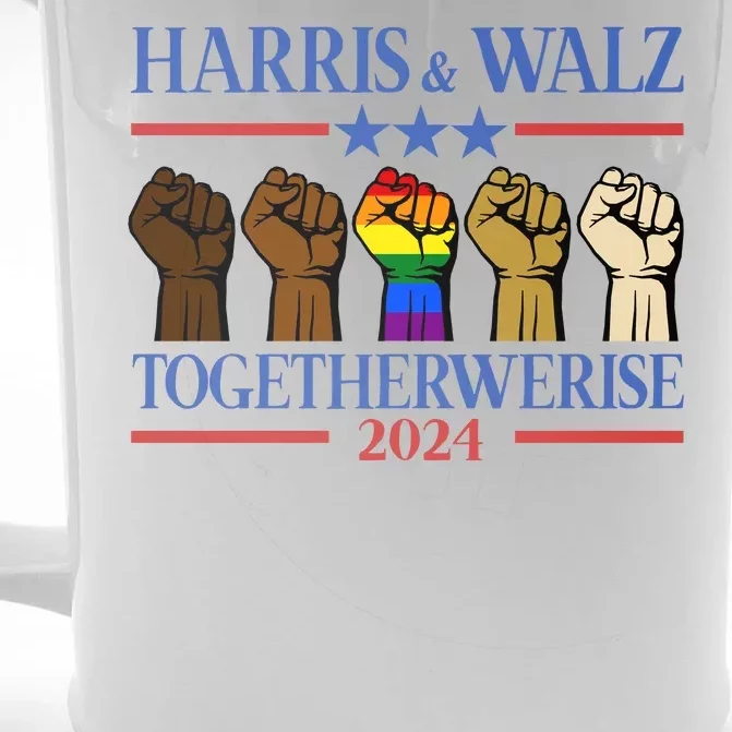 Kamala Harris Tim Walz Together We Rise Lgbt Fist Front & Back Beer Stein