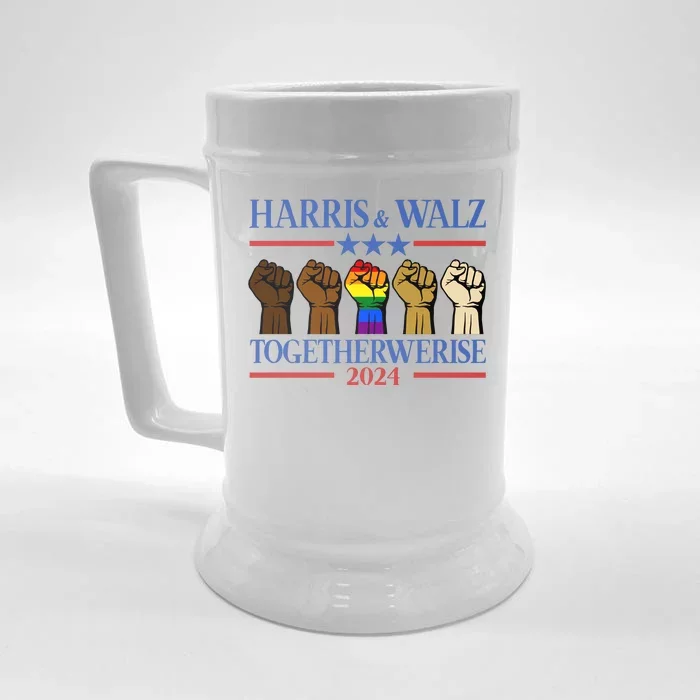 Kamala Harris Tim Walz Together We Rise Lgbt Fist Front & Back Beer Stein