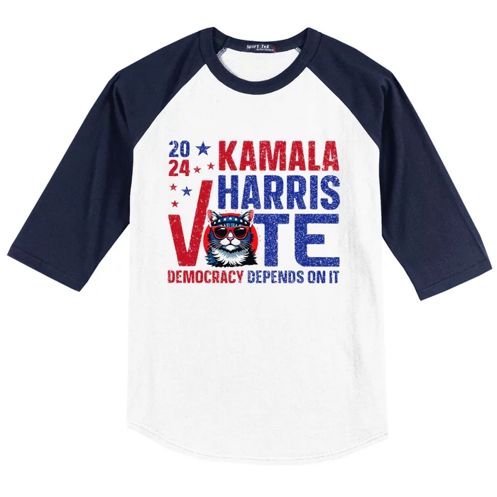 Kamala Harris Vote Democracy Depends On It Baseball Sleeve Shirt