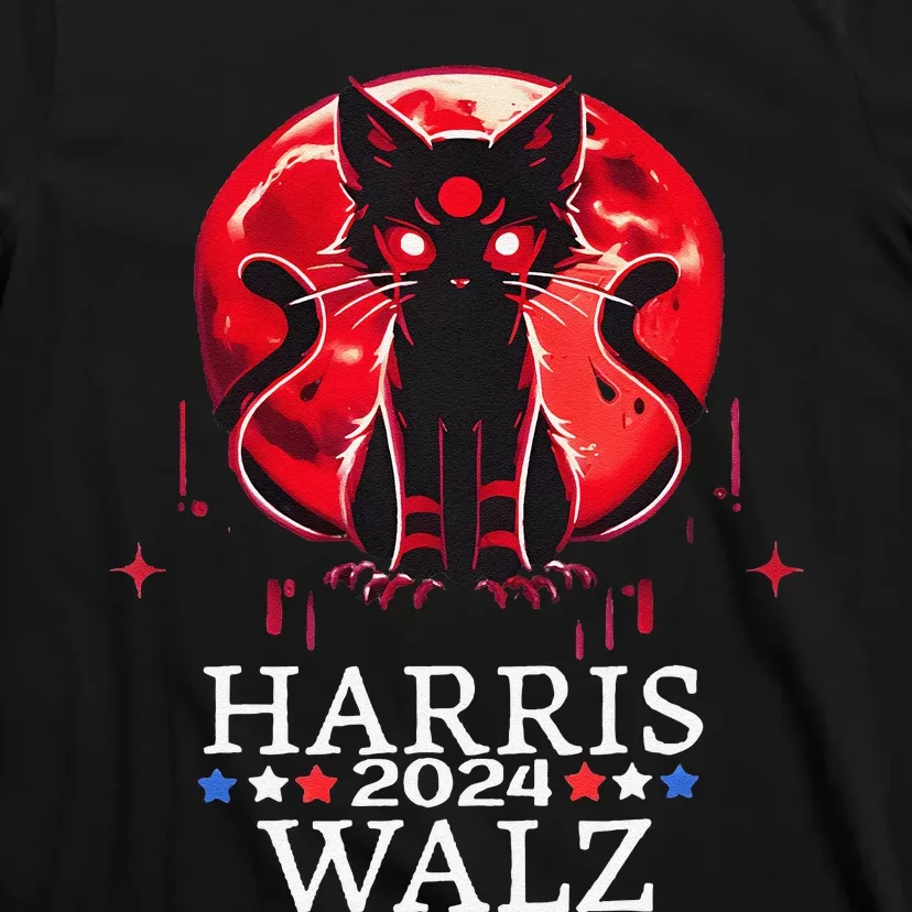 Kamala Harris Walz Childless Cat Lady Horror Cat Blood Moon T-Shirt