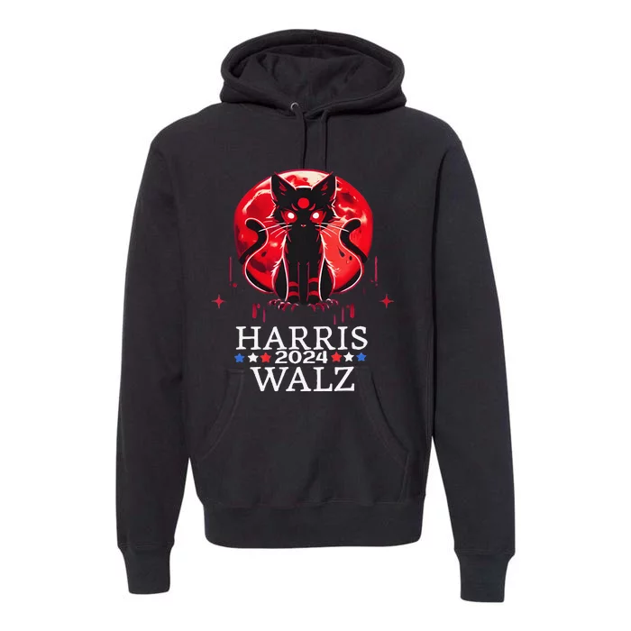 Kamala Harris Walz Childless Cat Lady Horror Cat Blood Moon Premium Hoodie