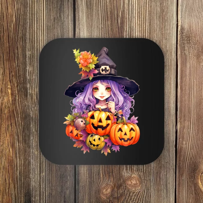 Kawaii Halloween Witch With Pumpkin And Flowers Coaster