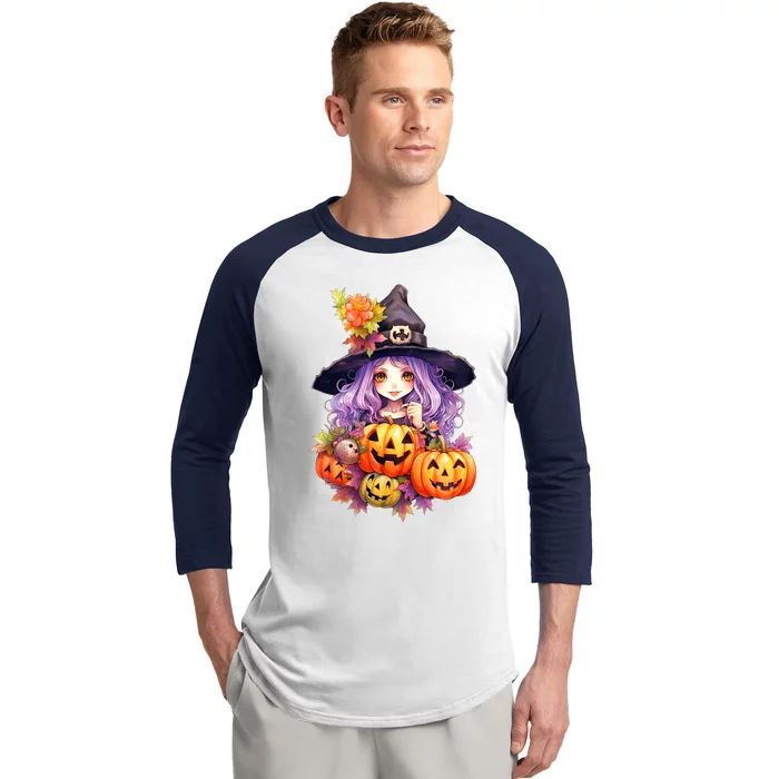 Kawaii Halloween Witch With Pumpkin And Flowers Baseball Sleeve Shirt