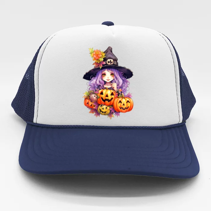 Kawaii Halloween Witch With Pumpkin And Flowers Trucker Hat