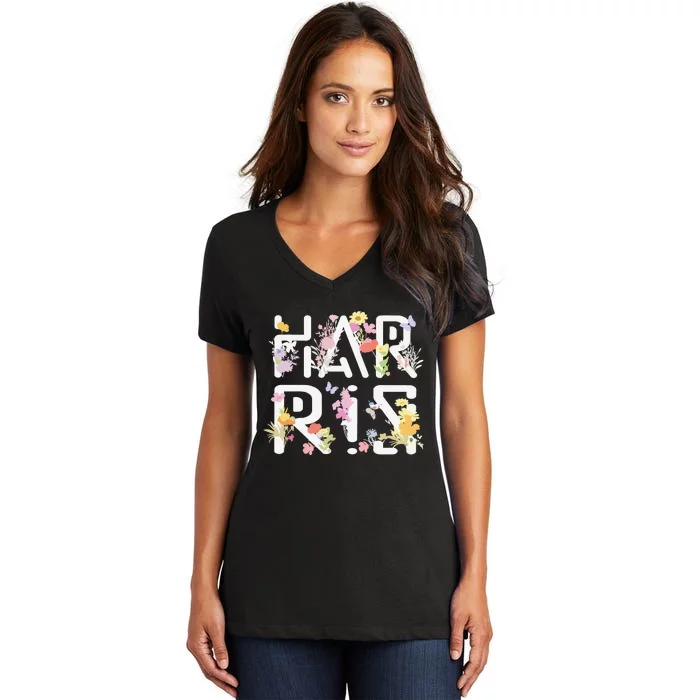 Kamala Harris Wildflower Floral Feminine First Female President 24 Women's V-Neck T-Shirt