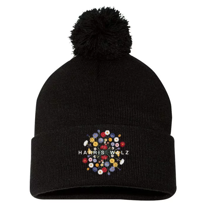 Kamala Harris Waltz Harris Walz Flower Mandala Central Bloom Pom Pom 12in Knit Beanie