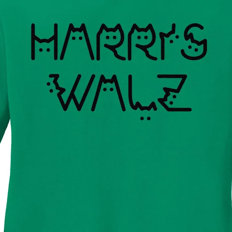 Kamala Harris Walz Waltz 2024 Cat Lettering Positive Funny Ladies Long Sleeve Shirt