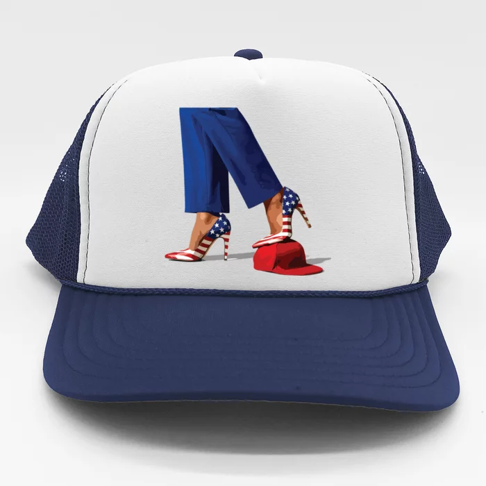 Kamala Harris With High Heels Stepping On Red Hat Trucker Hat