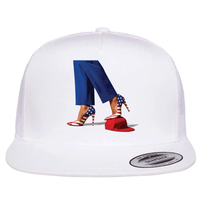 Kamala Harris With High Heels Stepping On Red Hat Flat Bill Trucker Hat