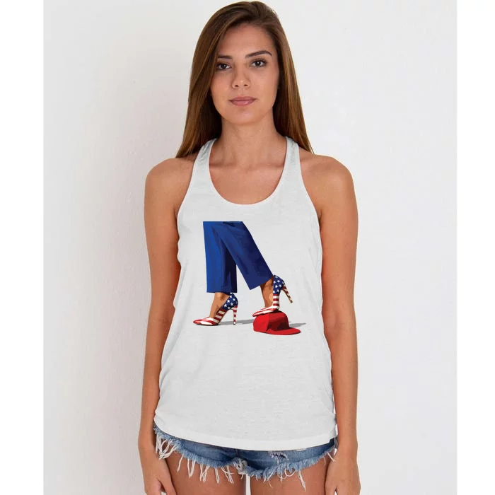 Kamala Harris With High Heels Stepping On Red Hat Women's Knotted Racerback Tank