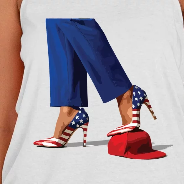 Kamala Harris With High Heels Stepping On Red Hat Women's Knotted Racerback Tank