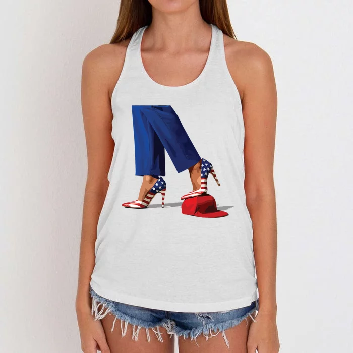 Kamala Harris With High Heels Stepping On Red Hat Women's Knotted Racerback Tank