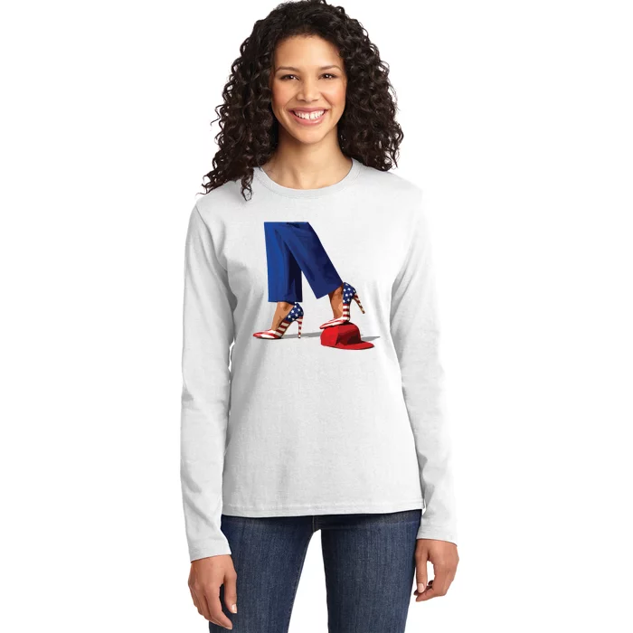 Kamala Harris With High Heels Stepping On Red Hat Ladies Long Sleeve Shirt